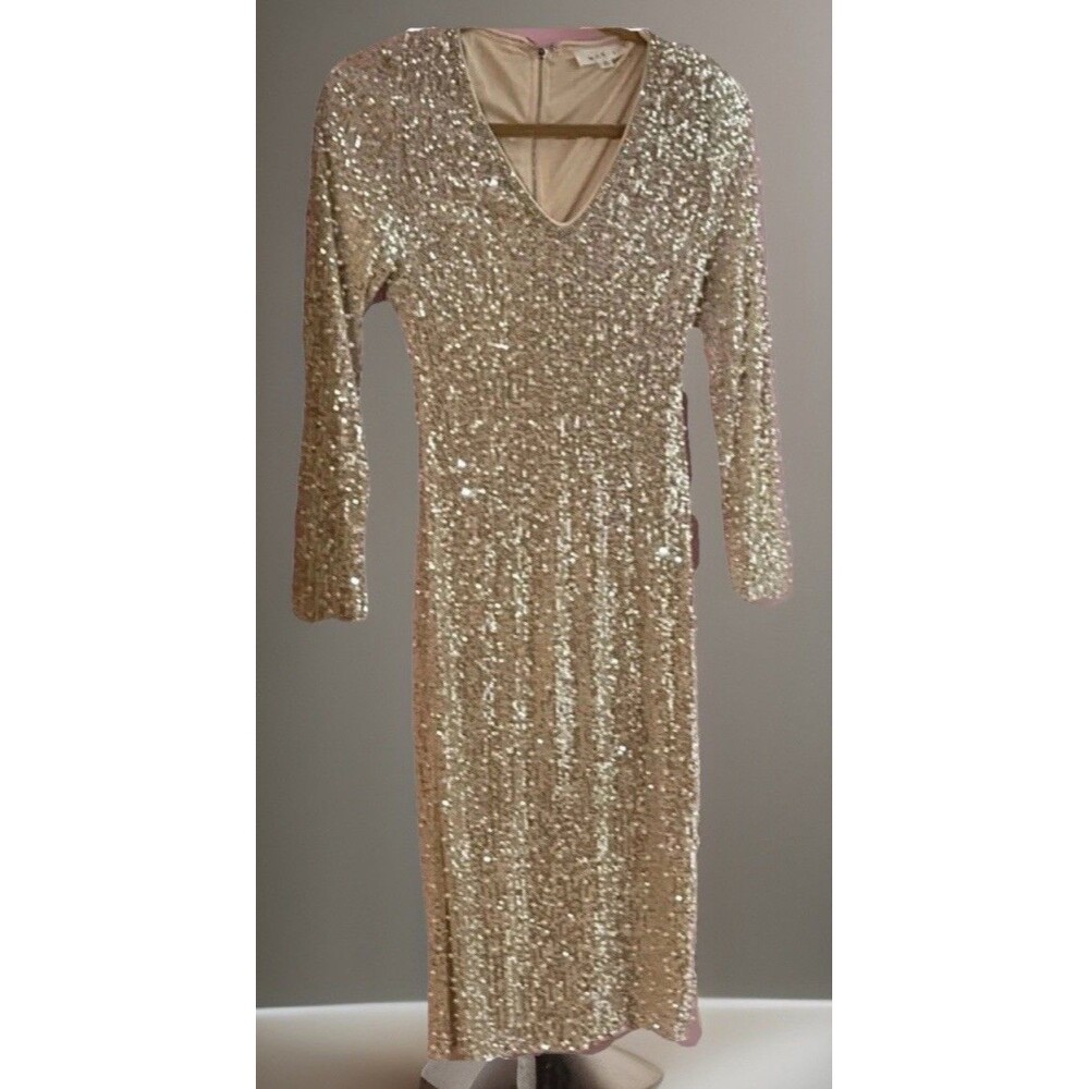 MABLE Gold Sequin Beaded Sheath Dress V-Neck Long Sleeve Midi Formal S